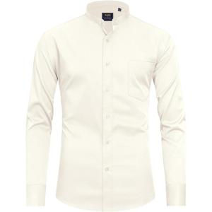 imageJVER Mandarin Collar Shirts for Men Stretchy Long Sleeve Collarless Button Down Dress Shirt with PocketBeige Khaki