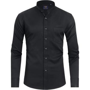 imageJVER Mandarin Collar Shirts for Men Stretchy Long Sleeve Collarless Button Down Dress Shirt with PocketBlack