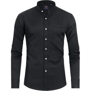 imageJVER Mandarin Collar Shirts for Men Stretchy Long Sleeve Collarless Button Down Dress Shirt with PocketBlack White