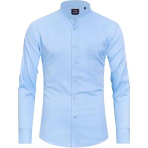 imageJVER Mandarin Collar Shirts for Men Stretchy Long Sleeve Collarless Button Down Dress Shirt with PocketBlue