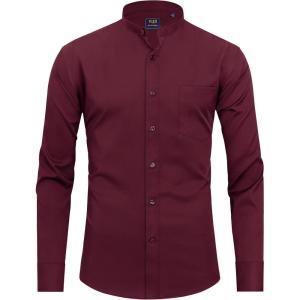 imageJVER Mandarin Collar Shirts for Men Stretchy Long Sleeve Collarless Button Down Dress Shirt with PocketBurgundy