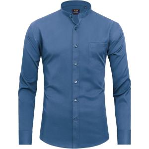 imageJVER Mandarin Collar Shirts for Men Stretchy Long Sleeve Collarless Button Down Dress Shirt with PocketCyan Blue