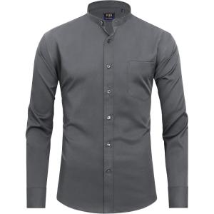 imageJVER Mandarin Collar Shirts for Men Stretchy Long Sleeve Collarless Button Down Dress Shirt with PocketGrey