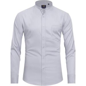 imageJVER Mandarin Collar Shirts for Men Stretchy Long Sleeve Collarless Button Down Dress Shirt with PocketLight Grey