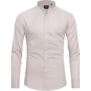 imageJVER Mandarin Collar Shirts for Men Stretchy Long Sleeve Collarless Button Down Dress Shirt with PocketLight Khaki
