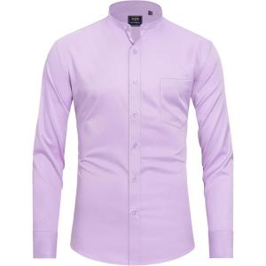 imageJVER Mandarin Collar Shirts for Men Stretchy Long Sleeve Collarless Button Down Dress Shirt with PocketLight Purple