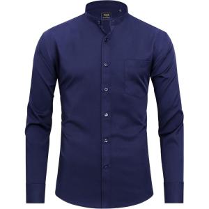 imageJVER Mandarin Collar Shirts for Men Stretchy Long Sleeve Collarless Button Down Dress Shirt with PocketNavy Blue