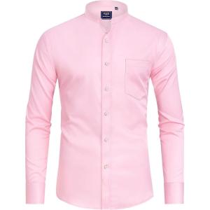 imageJVER Mandarin Collar Shirts for Men Stretchy Long Sleeve Collarless Button Down Dress Shirt with PocketPink