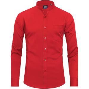 imageJVER Mandarin Collar Shirts for Men Stretchy Long Sleeve Collarless Button Down Dress Shirt with PocketRed