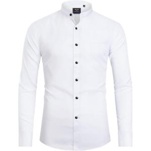 imageJVER Mandarin Collar Shirts for Men Stretchy Long Sleeve Collarless Button Down Dress Shirt with PocketWhite Black