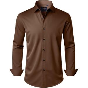 imageJVER Mens Dress Shirts Stretch Long Sleeve Formal Shirt Solid Business Casual Button Down Shirts for Wedding PromBrown