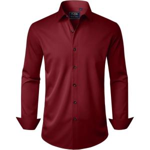 imageJVER Mens Dress Shirts Stretch Long Sleeve Formal Shirt Solid Business Casual Button Down Shirts for Wedding PromBurgundy