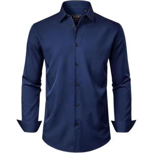 imageJVER Mens Dress Shirts Stretch Long Sleeve Formal Shirt Solid Business Casual Button Down Shirts for Wedding PromNavy Blue