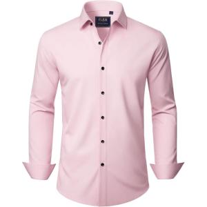 imageJVER Mens Dress Shirts Stretch Long Sleeve Formal Shirt Solid Business Casual Button Down Shirts for Wedding PromPink