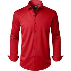 imageJVER Mens Dress Shirts Stretch Long Sleeve Formal Shirt Solid Business Casual Button Down Shirts for Wedding PromRed