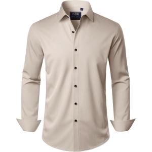 imageJVER Mens Dress Shirts Stretch Long Sleeve Formal Shirt Solid Business Casual Button Down Shirts for Wedding PromTan