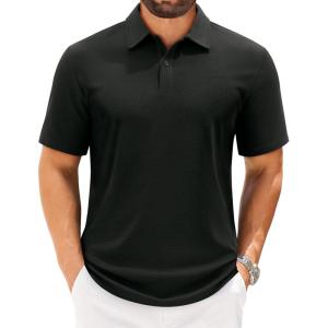 imageJVER Mens Polo Shirts Short Sleeve Waffle Knit Textured Shirt Classic Casual Collared Golf Polo ShirtBlack