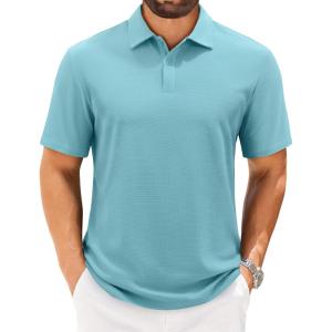 imageJVER Mens Polo Shirts Short Sleeve Waffle Knit Textured Shirt Classic Casual Collared Golf Polo ShirtBlue