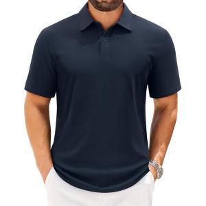 imageJVER Mens Polo Shirts Short Sleeve Waffle Knit Textured Shirt Classic Casual Collared Golf Polo ShirtNavy Blue