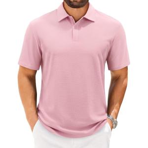 imageJVER Mens Polo Shirts Short Sleeve Waffle Knit Textured Shirt Classic Casual Collared Golf Polo ShirtPink