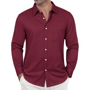 imageJVER Oxford Shirts for Men Stretch Button Down Shirts Solid Casual Long Sleeve Dress Shirts with PocketBurgundy