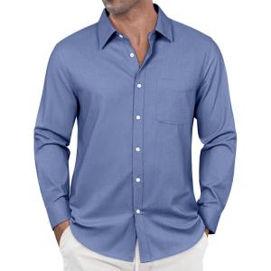 imageJVER Oxford Shirts for Men Stretch Button Down Shirts Solid Casual Long Sleeve Dress Shirts with PocketCadet Blue
