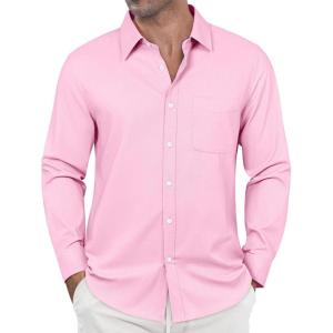 imageJVER Oxford Shirts for Men Stretch Button Down Shirts Solid Casual Long Sleeve Dress Shirts with PocketPink