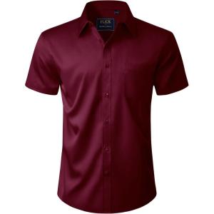 imageJVER Mens Short Sleeve Dress Shirts Stretch Casual Button Down Shirts with Pocket for Business WeddingBurgundy