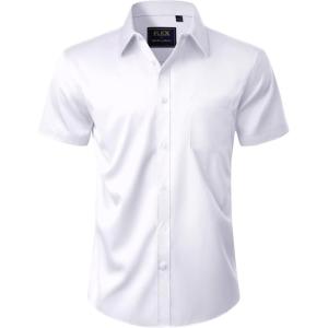 imageJVER Mens Short Sleeve Dress Shirts Stretch Casual Button Down Shirts with Pocket for Business WeddingWhite