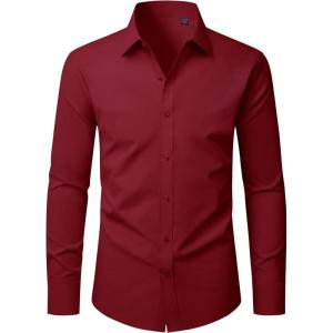 imageJVER Mens Dress Shirts Long Sleeve Solid Formal Shirt Stretch Business Casual Wedding Button Down ShirtsBurgundy