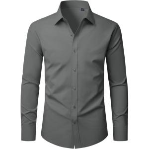imageJVER Mens Dress Shirts Long Sleeve Solid Formal Shirt Stretch Business Casual Wedding Button Down ShirtsGrey