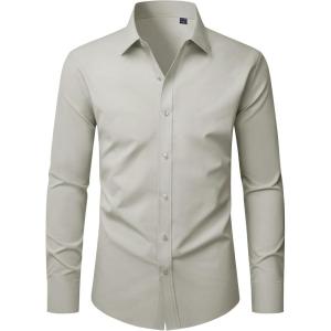 imageJVER Mens Dress Shirts Long Sleeve Solid Formal Shirt Stretch Business Casual Wedding Button Down ShirtsKhaki