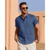 imageJVER Mens Linen Shirt Short Sleeve Button Down Shirts Lightweight Summer Beach Vacation Casual Tops with PocketDark Blue