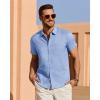 imageJVER Mens Linen Shirt Short Sleeve Button Down Shirts Lightweight Summer Beach Vacation Casual Tops with PocketLight Blue