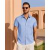 imageJVER Mens Linen Shirt Short Sleeve Button Down Shirts Lightweight Summer Beach Vacation Casual Tops with PocketLight Blue
