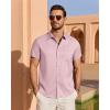 imageJVER Mens Linen Shirt Short Sleeve Button Down Shirts Lightweight Summer Beach Vacation Casual Tops with PocketPink