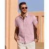 imageJVER Mens Linen Shirt Short Sleeve Button Down Shirts Lightweight Summer Beach Vacation Casual Tops with PocketPink