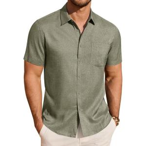 imageJVER Mens Linen Shirt Short Sleeve Button Down Shirts Lightweight Summer Beach Vacation Casual Tops with PocketArmy Green