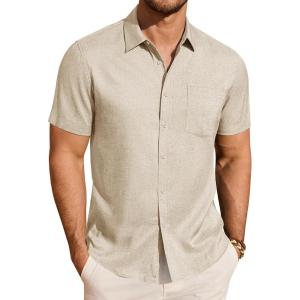 imageJVER Mens Linen Shirt Short Sleeve Button Down Shirts Lightweight Summer Beach Vacation Casual Tops with PocketBeige