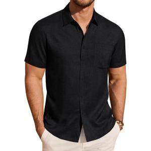 imageJVER Mens Linen Shirt Short Sleeve Button Down Shirts Lightweight Summer Beach Vacation Casual Tops with PocketBlack