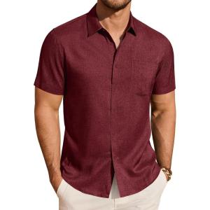imageJVER Mens Linen Shirt Short Sleeve Button Down Shirts Lightweight Summer Beach Vacation Casual Tops with PocketBurgundy