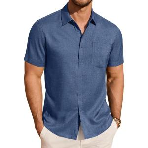 imageJVER Mens Linen Shirt Short Sleeve Button Down Shirts Lightweight Summer Beach Vacation Casual Tops with PocketDark Blue