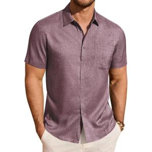 imageJVER Mens Linen Shirt Short Sleeve Button Down Shirts Lightweight Summer Beach Vacation Casual Tops with PocketDark Red