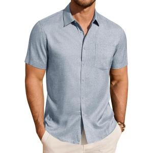 imageJVER Mens Linen Shirt Short Sleeve Button Down Shirts Lightweight Summer Beach Vacation Casual Tops with PocketDusty Blue