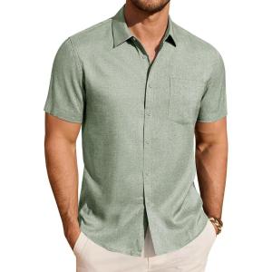 imageJVER Mens Linen Shirt Short Sleeve Button Down Shirts Lightweight Summer Beach Vacation Casual Tops with PocketGreen