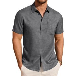 imageJVER Mens Linen Shirt Short Sleeve Button Down Shirts Lightweight Summer Beach Vacation Casual Tops with PocketGrey