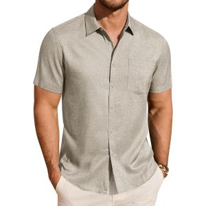 imageJVER Mens Linen Shirt Short Sleeve Button Down Shirts Lightweight Summer Beach Vacation Casual Tops with PocketKhaki