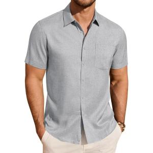 imageJVER Mens Linen Shirt Short Sleeve Button Down Shirts Lightweight Summer Beach Vacation Casual Tops with PocketLight Grey