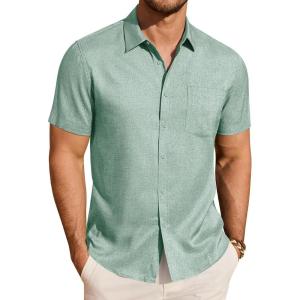 imageJVER Mens Linen Shirt Short Sleeve Button Down Shirts Lightweight Summer Beach Vacation Casual Tops with PocketMint Green
