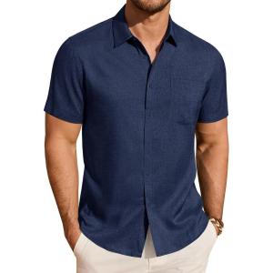 imageJVER Mens Linen Shirt Short Sleeve Button Down Shirts Lightweight Summer Beach Vacation Casual Tops with PocketNavy Blue